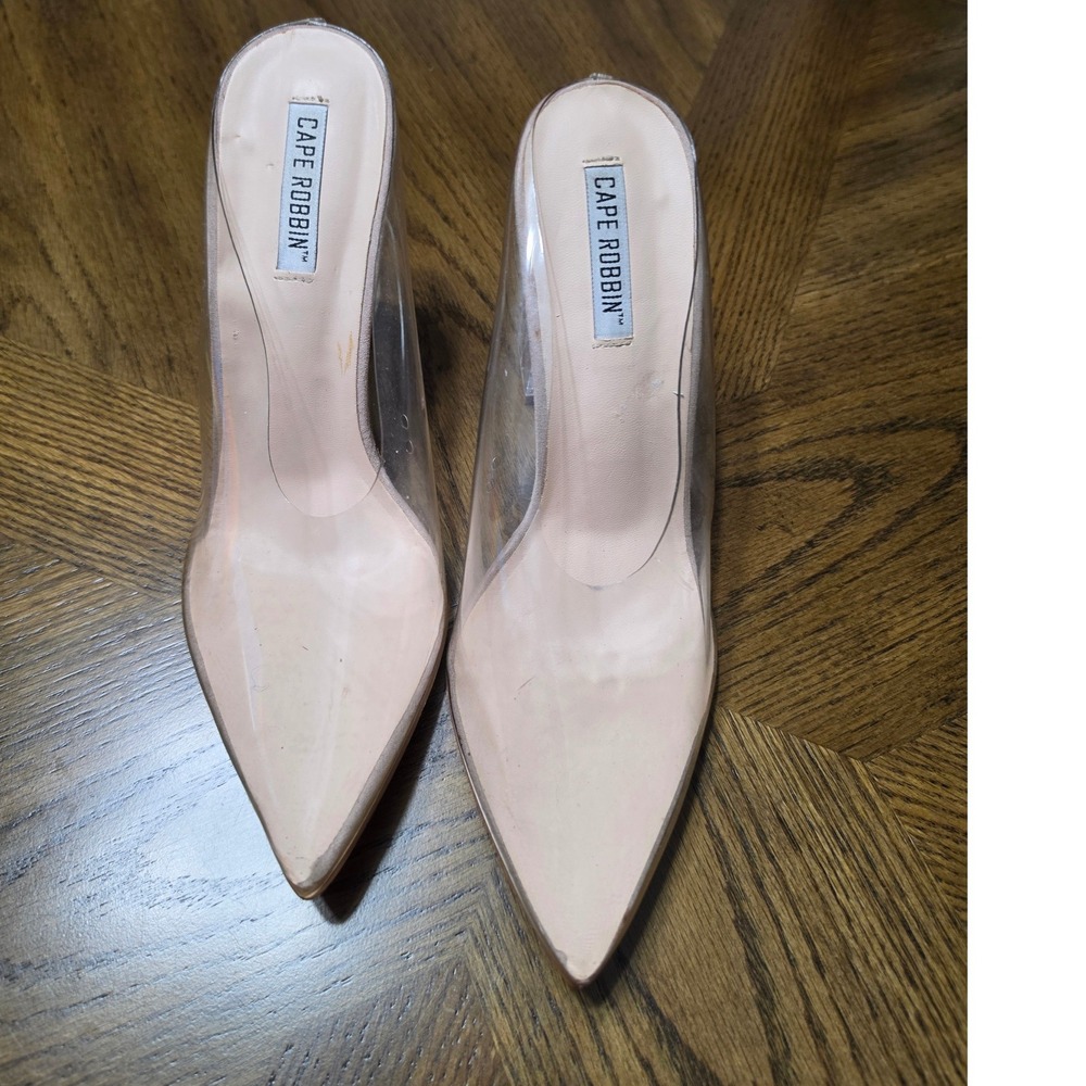 Cape Robbin Atom Clear Pointed Toe Mules Transparent Block Heel Nude Pumps 10M